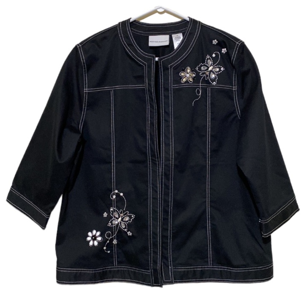Alfred Dunner Women Black Open Front Jacket Embroidered Butterfly Size 16